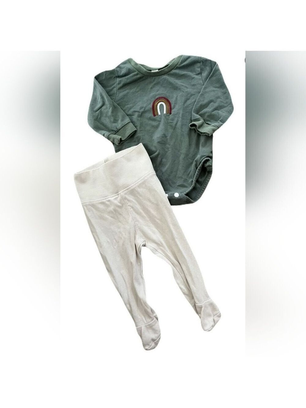 H&M Footed Pants & Green Long Sleeve Onesie‎ | Neutral Rainbow Baby Clothes